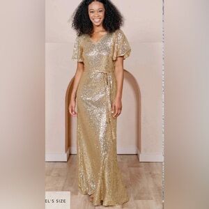 Revelry Women’s Reese Maxi Dress Large Gold Sequins Bridesmaid Wedding Formal